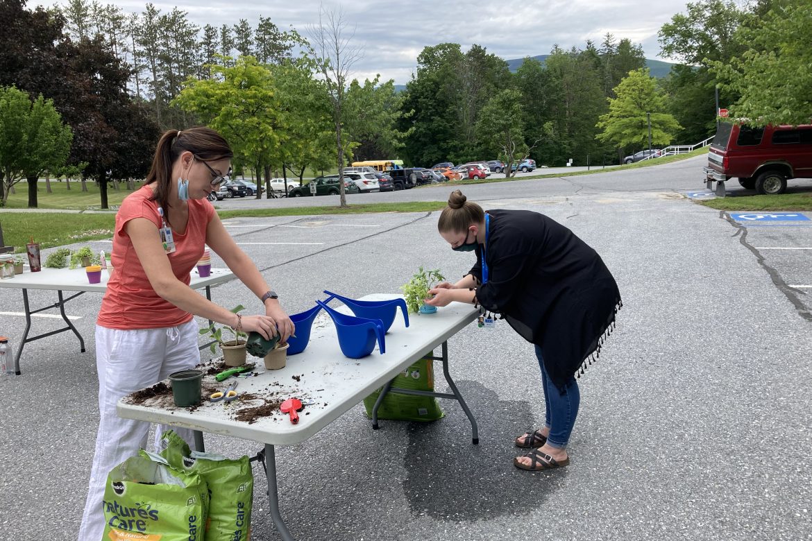 Two woman leaning over a folding table outside in a the UCS parking lot plant small vegetable plants in pots