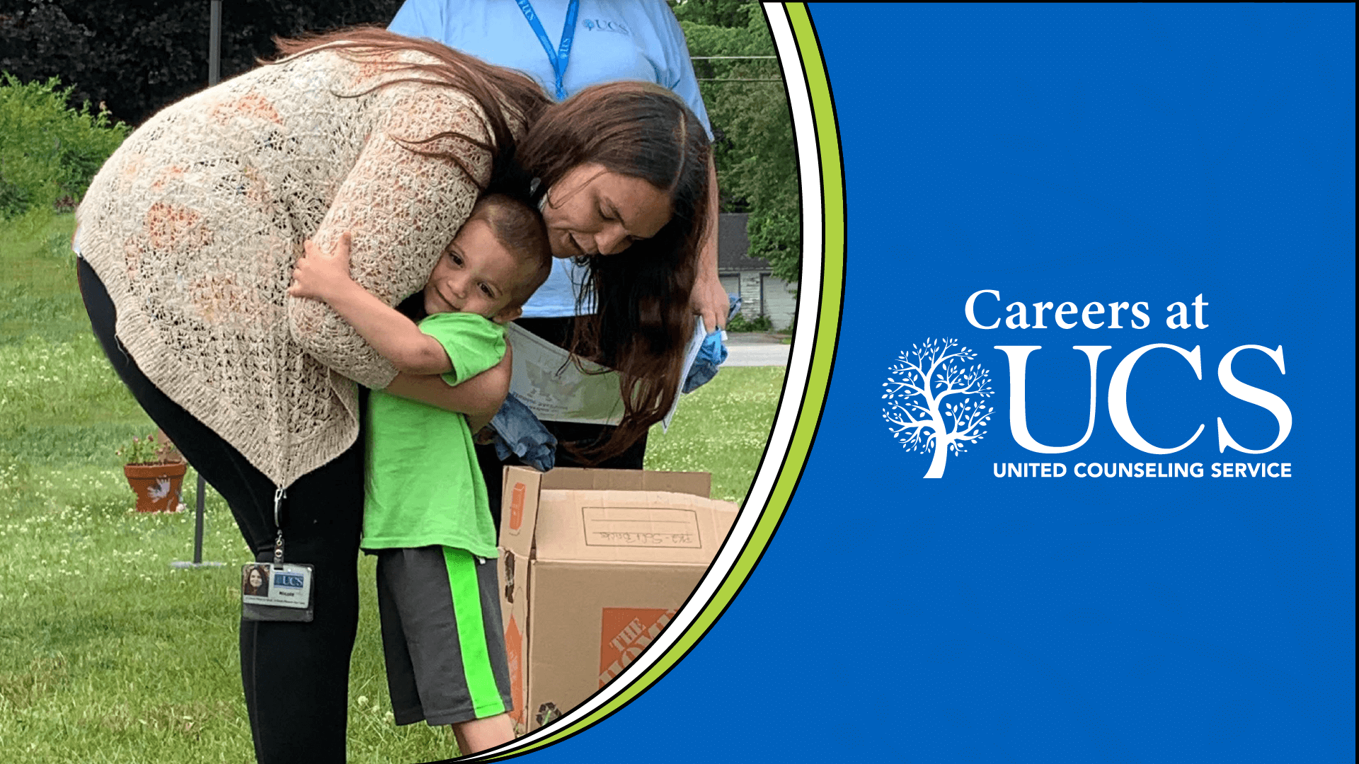 A head start teacher hugs a student. The "Careers at UCS" logo is on the right.