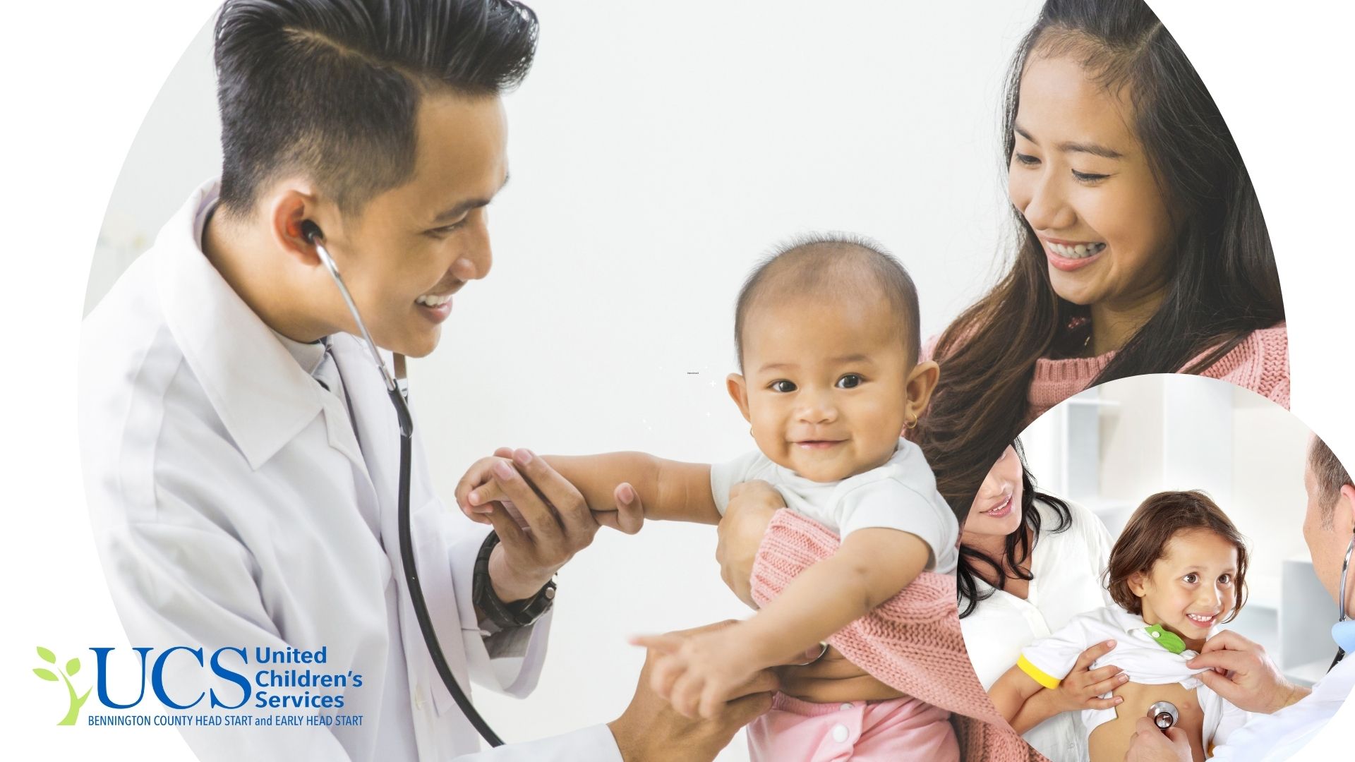 Man and woman holding smiling baby and a smaller photo of young girl held by her mother and doctor holding stethescope to her chest.