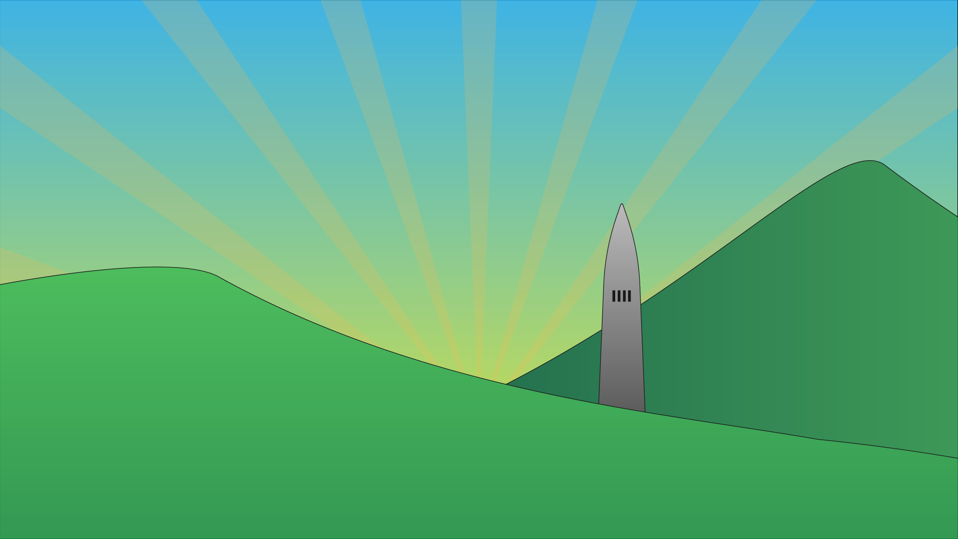 An illustration of two green mountains with the Bennington Battle Monument poking out between them. The sun is rising behind the mountains.