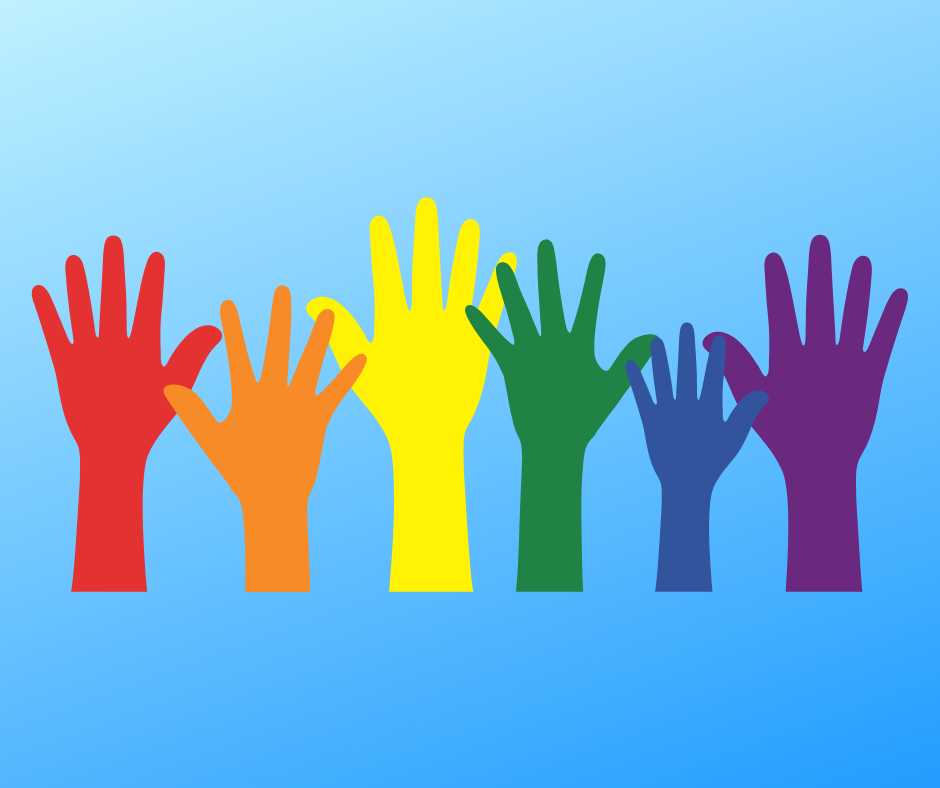 A graphic with hands in the air (left to right): red hand, orange hand, yellow hand, green hand, blue hand, purple hand, against a light blue gradient background