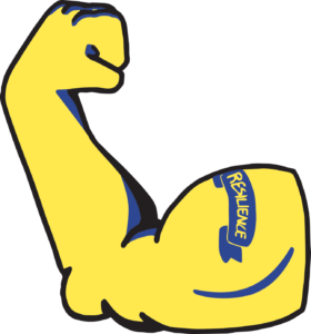 A graphic of a yellow flexing arm with a blue banner reading "resilience" 