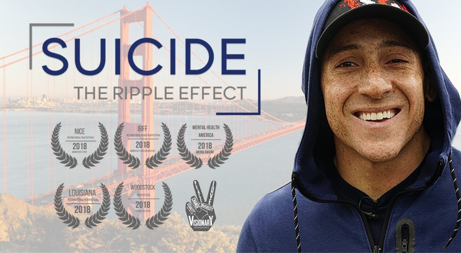 A man in a baseball cap and a sweatshirt with the hood up smiles against a background image of the Golden Gate bridge. The left side of the image says Suicide The Ripple Effect with several movie reviews.