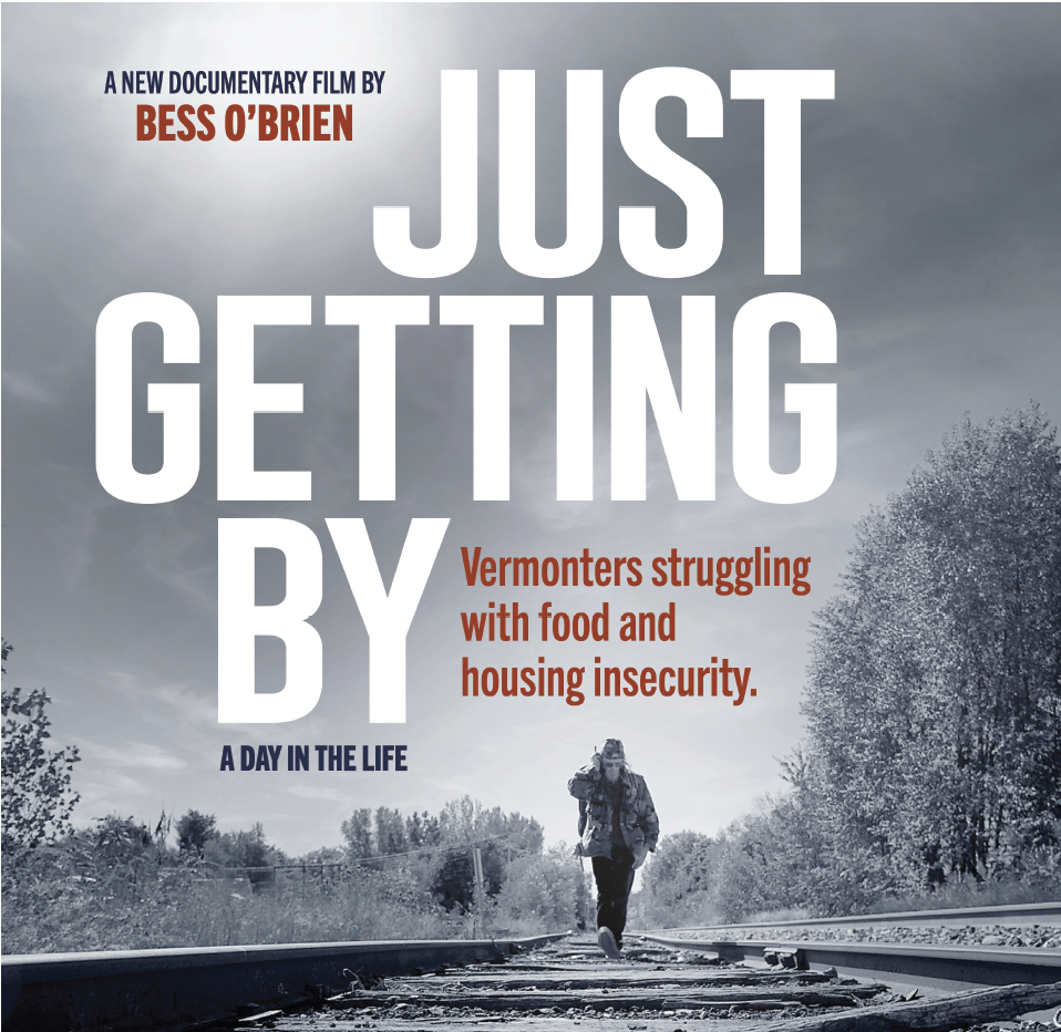 grey toned movie poster style image for Just Getting By by Bess O'Brien. Image shows a man walking along a train track.