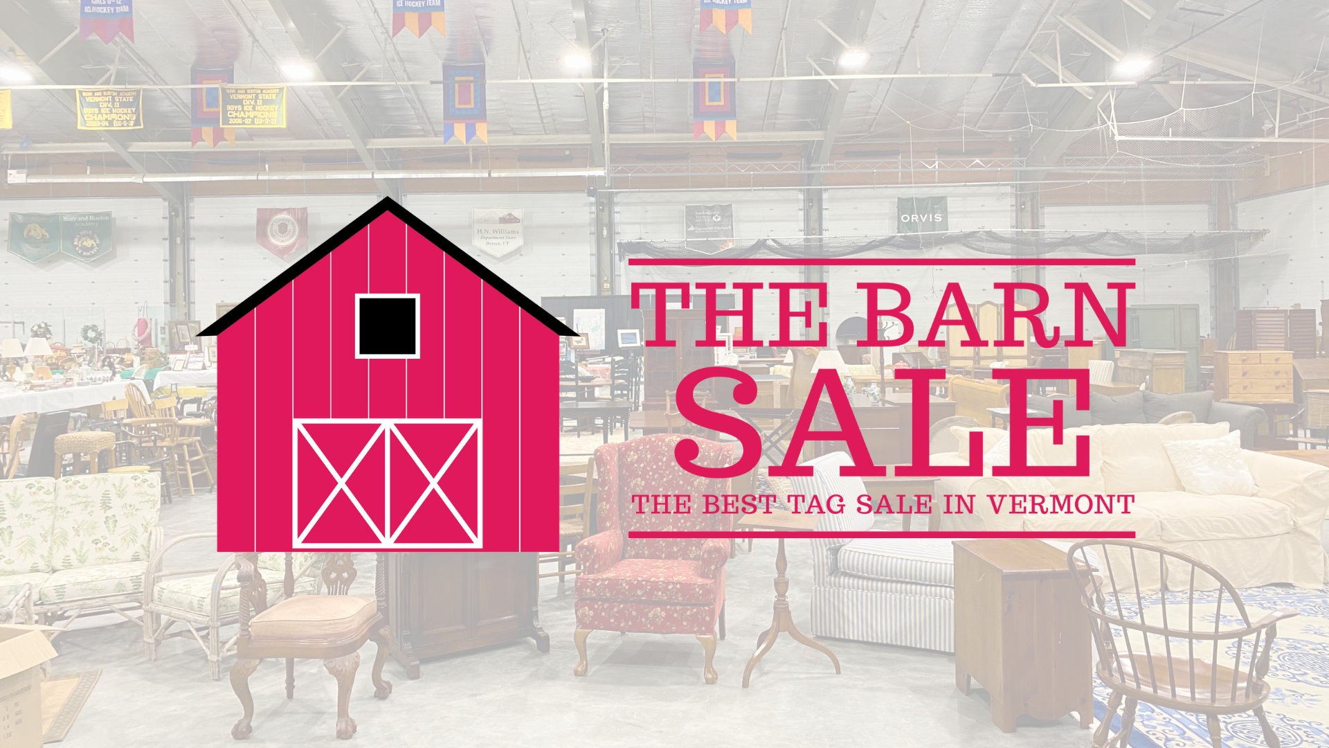 The Barn Sale logo over top a photo of a warehouse with furniture placed around