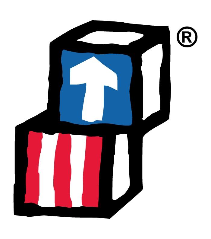 Two hand drawn style building blocks, one on top of the other. The bottom has three red stripes and top block has a blue panel with a white arrow pointing upwards