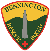 Bennington Rescue Squad logo in yellow and green with a gray monument in the middle and red cross at bottom
