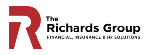 logo-The Richards Group-Financial, Insurance and HR Solutions. Red R on lefthand side.