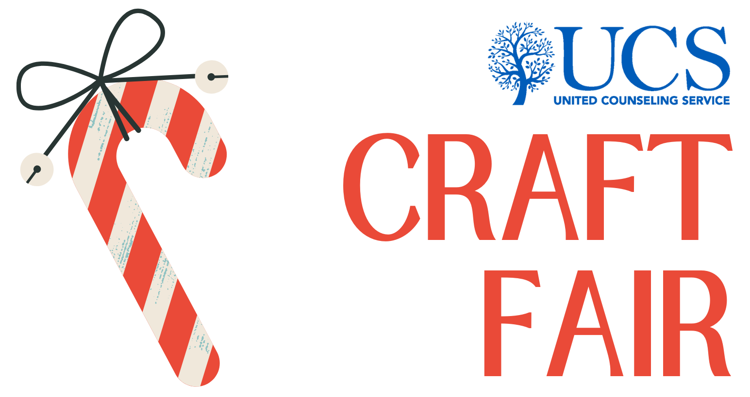 White banner with a red and white striped candy candy cane on the left and the text "UCS Craft Fair" on the right.