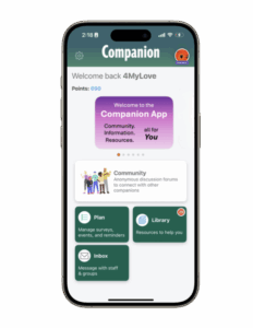 a smartphone screen that says Companion at the top with purple and green sections with text below
