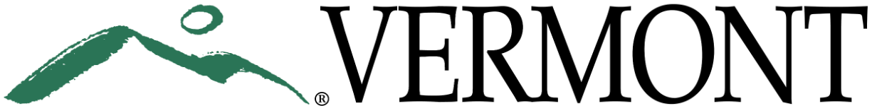 State of Vermont Logo, Green abstract outline of a mountain with the text "VERMONT" black serif font to right of it.