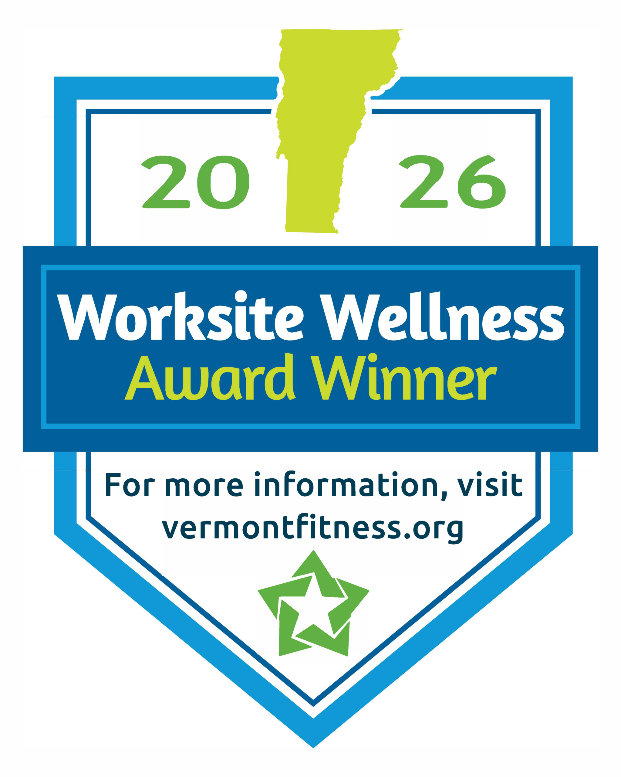2026 worksite wellness award winner logo with green state of VT image at top of green star on bottom