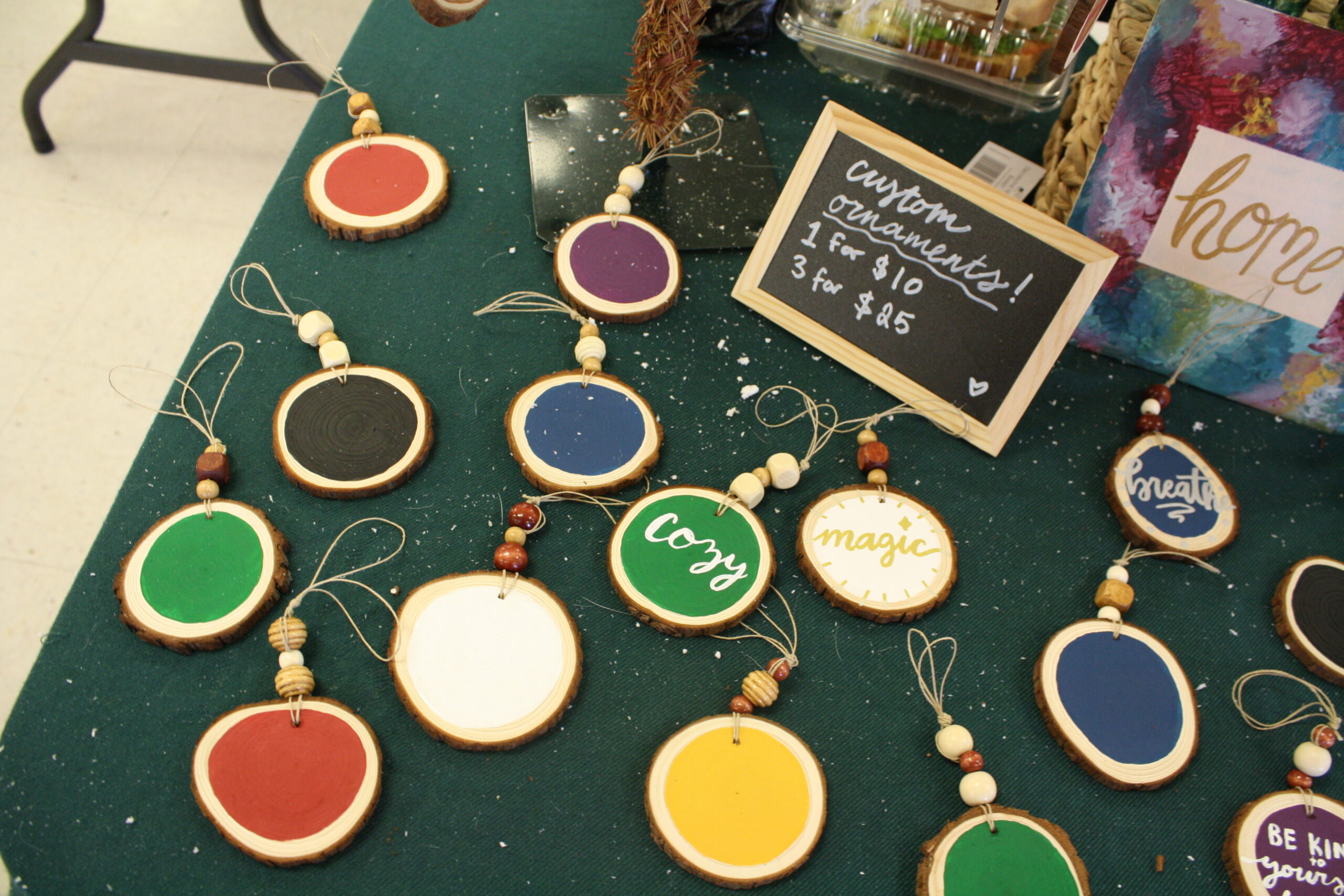 a table of flat, colorful ornaments